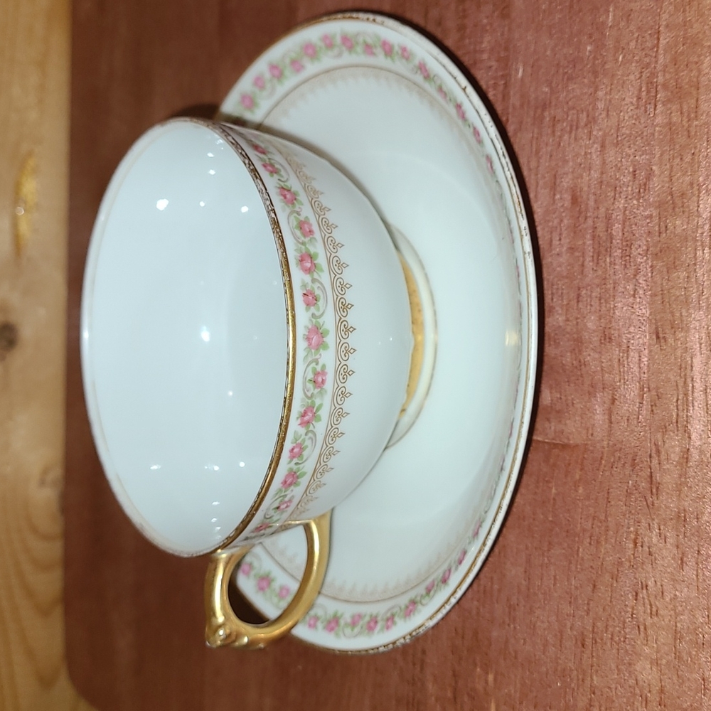 Antique J Pouyat Limoges France Tea Cup & Saucer Pink Rose Garland & Gold Scroll